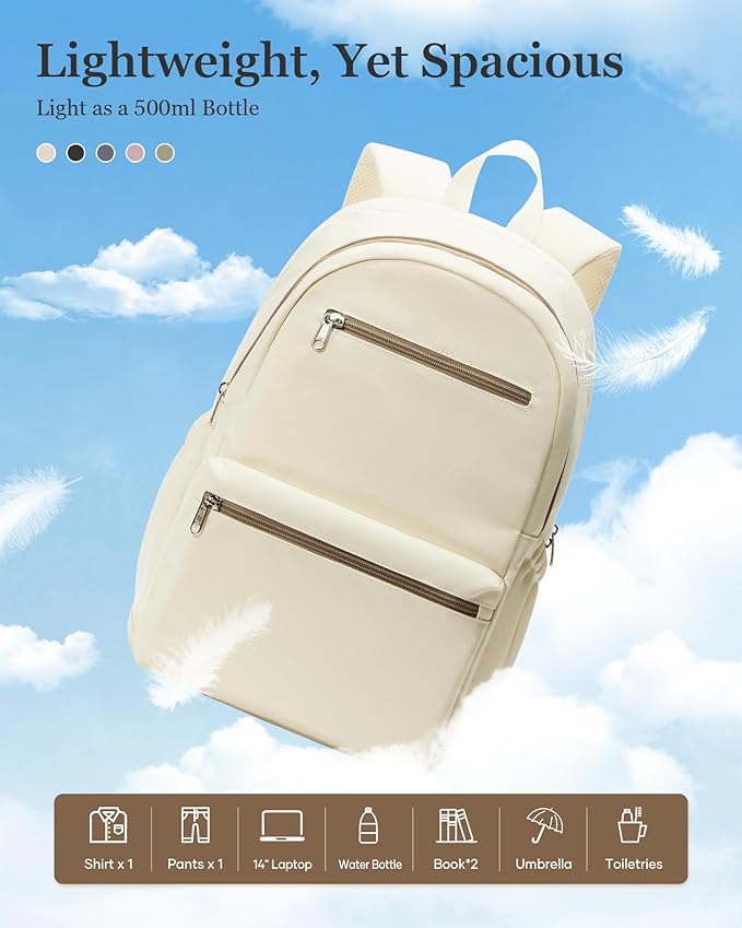 Lightweight School Backpack for Women Men, Multi Pocket Backpack for College Students, Waterproof Middle School Bags, Simple Bookbag for Teens Girls Boys, Beige