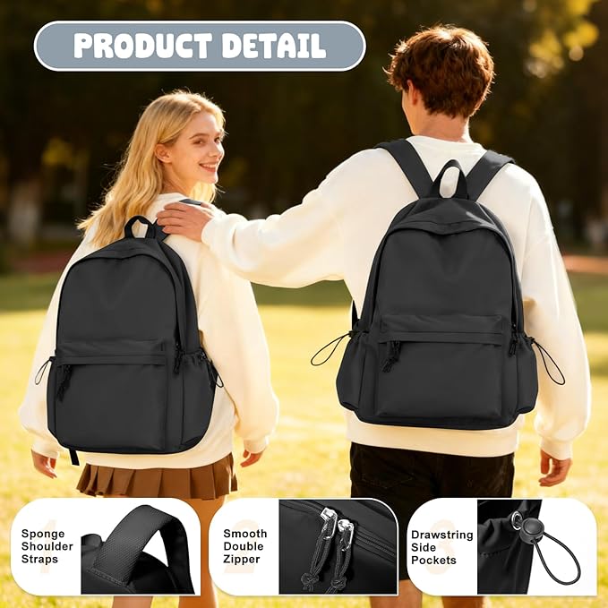 VECAVE School Backpack Black Waterproof Bookbag Casual Lightweight Travel Rucksack Daypack Backpacks for Men Women College High School Bags backpack for Boys Girls Teens