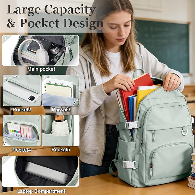 Lightweight College Backpack for Women Men Cute School Bag for Teens Girls Boys High School Backpack for Students Waterproof Casual Daypack Backpack（Green）