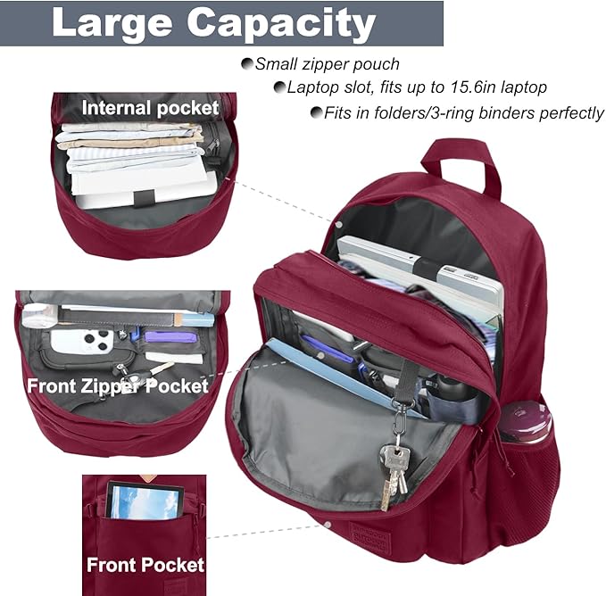 SUPACOOL Casual Backpack For School, Classical Travel Backpack for Men and Women, Bookbag for Boys, Girls and Kids, Laptop Compartment(Burgundy)