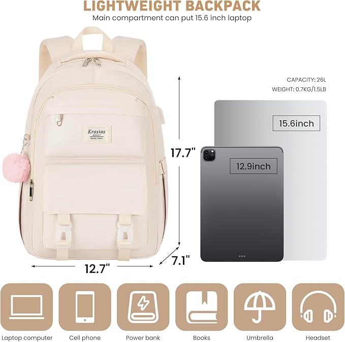 School Backpack for Girls Teens, Cute Aesthetic College Backpacks Large 15.6 Inch Laptop Bag Preppy Bookbag for Women Students Travel (Beige)