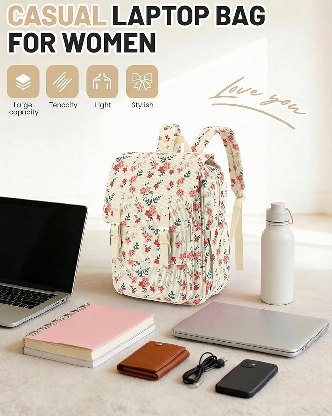 Corduroy Laptop Backpack for Women, Fits 15.6 Inch Computer Bag, College High School Bookbag Travel Daypack Purse, Work Business Bags - Beige Corduroy Flowers Pink