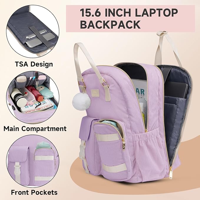 MATEIN Cute School Backpack for Teens Girls, 15.6 Inch Kawaii College Backpack Corduroy Computer Bookbag, TSA Lightweight Laptop Back Pack Aesthetic Preppy Kids Students, Purple