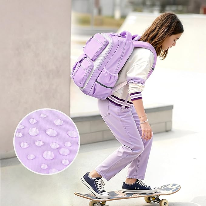 mibasies School Backpack for Teen Girls: 17.9 IN Backpack for Women with Laptop Compartment for Middle High Elementary School College Travel- Kids Bookbag Light Purple Beige