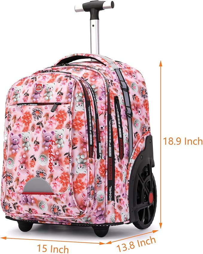 Rolling Backpack 22 Inch Backpack with Wheels for Business, College Student and Travel Commuter, Waterproof Wheeled Backpack (Pink-Flower)