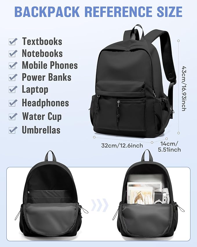 Black School Backpack for Girls Boys Bookbag Cute Aesthetic College Backpack Women Middle High School Teen Students Book Bag Lightweight Gym Work Laptop Casual Daypack Backpacks Men