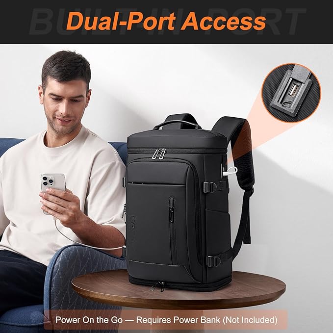 FENRUIEN Travel Backpack with Shoe Compartment, Water Resistant Backpack Carry On Luggage with USB Charging Port, Black