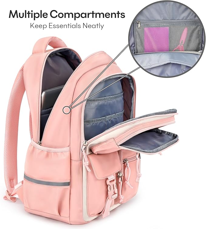 mibasies School Backpack for Teen Girls: 17.9 IN Backpack for Women with Laptop Compartment for Middle High Elementary School College Travel- Kids Bookbag Light Pink Beige