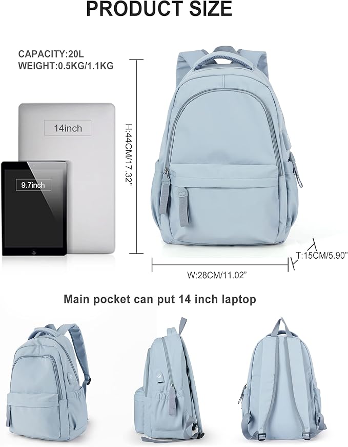 winspansy Small Backpack For School Girls Boys Aesthetic Lightweight Travel Daypack Simple Cute Backpack For Women Men College High School Bookbag Fit 14 Inch Laptop With USB charging port,Light Blue