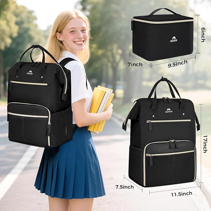 MATEIN Lunch Backpack, 17.3 Inch Laptop Backpack with Lunch Box, Stylish Nurse, Teacher Work Backpacks with Insulated Compartment, Meal Prep Bag for Women Men Commute Outdoor Picnic Camping, 2Pcs Set