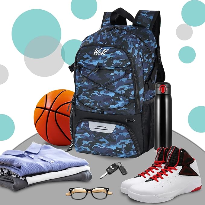 WOLT Basketball Backpack Large Sports Bag with Separate Ball Holder & Shoes Compartment, Best for Basketball, Soccer,Gym