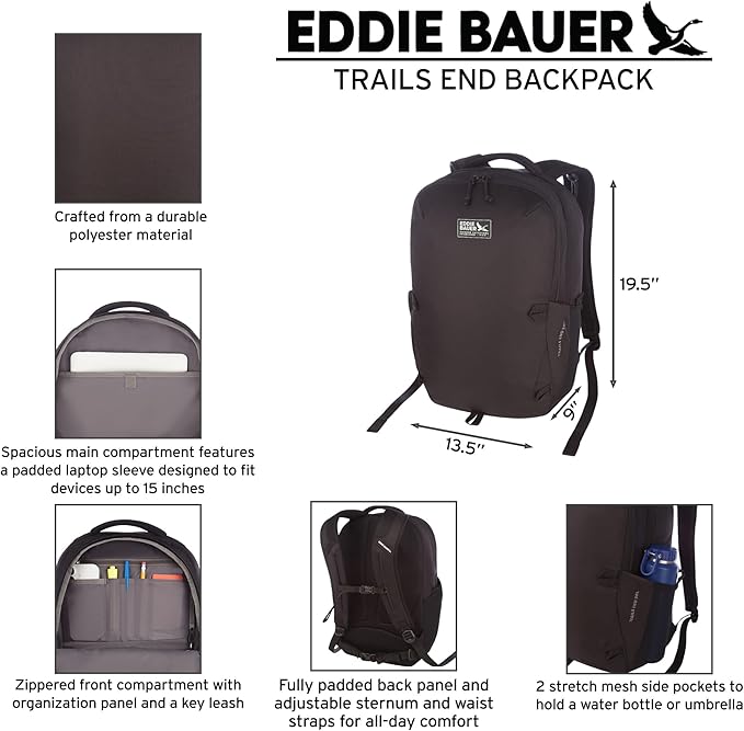 Eddie Bauer Trail Ends Backpack 28L | Laptop Sleeve | Everyday Carry | Travel | Work | Commuting | Stretch Side Pockets | Padded Shoulder Straps | Mesh Back - Brook