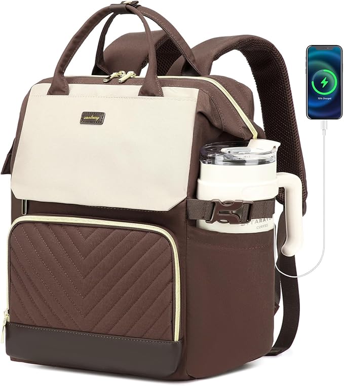 Computer Backpack for Women, Work Bag Laptop Bookbag with Cup Holder & USB Charger for Teacher Nurse College Travel Back Pack, Gifts, Nude Brown