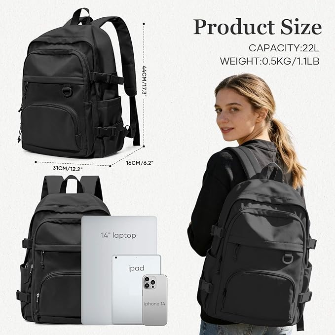 Lightweight Black College Backpack for Women Men Cute School Bag for Teens Girls Boys High School Backpack for Students Waterproof Casual Daypack Backpack