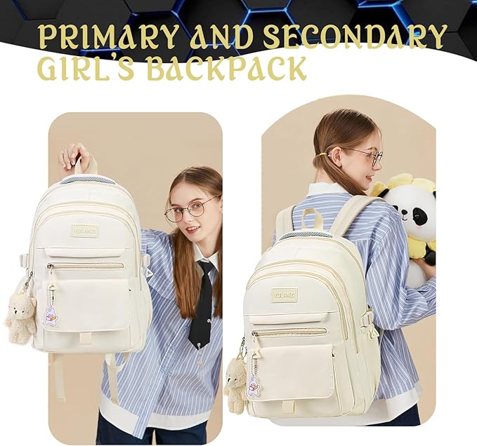 Girls Backpack for College High Middle School Student, Cute Aesthetic Bookbag for Teens Women with Accessories,Beige