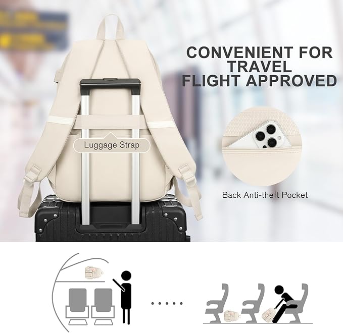 Backpack for Teen Girls, 15.6 Inch Laptop Backpack Cute Kids Bookbag for Middle School College Students, Large School Bag for Women (Beige)
