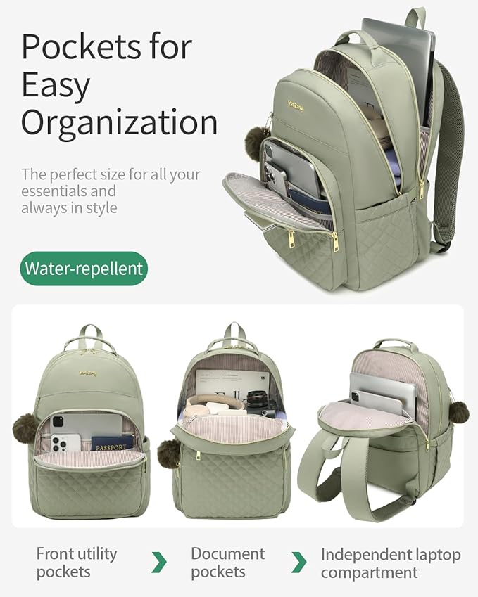 School Backpack for Teen Girls, Cute Laptop Backpack Purse with Charging Hole for Women Work Travel Commute University College Bookbag, Green