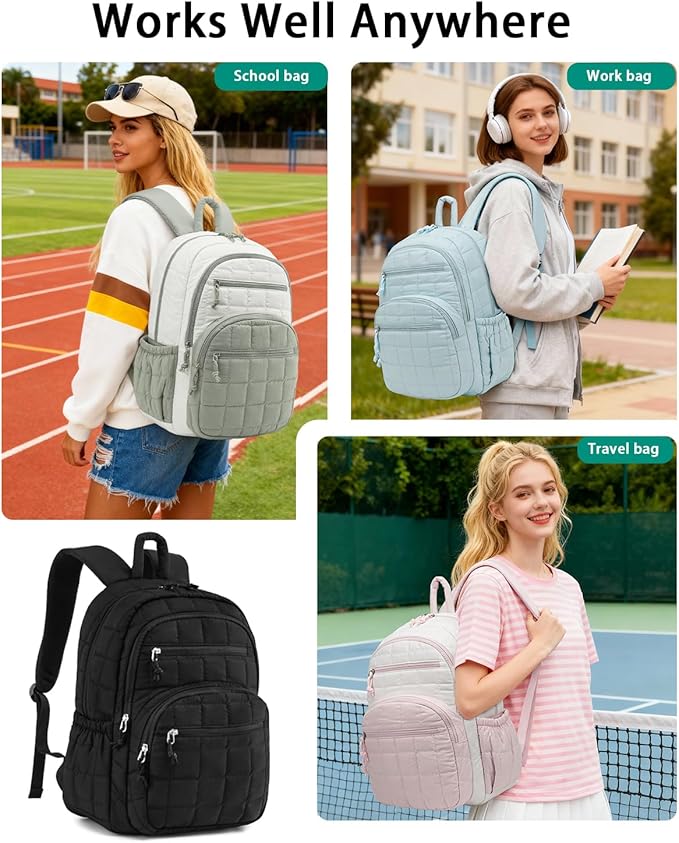 Bookbag for Women, Teen Girls Backpack for High School College Student, Puffer Quilted Back Pack Cute Laptop Backpack for Work Travel Mom Casual Daypack, Beige Black Brown