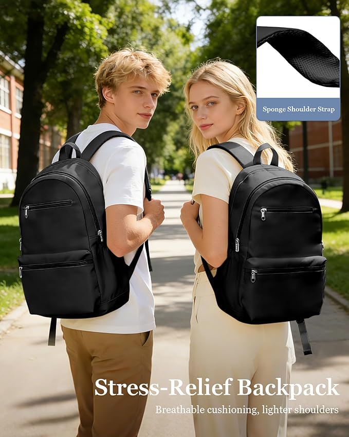 Lightweight School Backpack for Women Men, Multi Pocket Backpack for College Students, Waterproof Middle School Bags, Simple Bookbag for Teens Girls Boys, Black