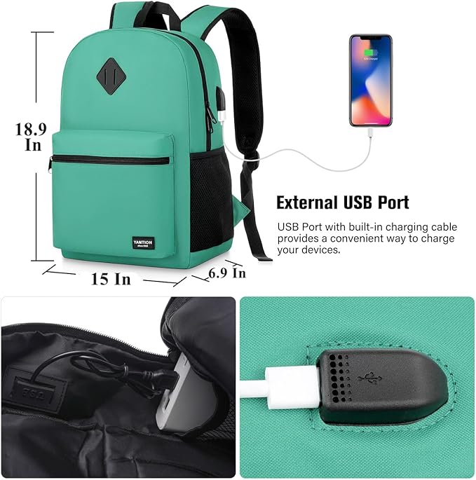 YAMTION 17 Inch School Backpack for Teens,Green Bookbag Classic Backpack with USB Port for High School College Students