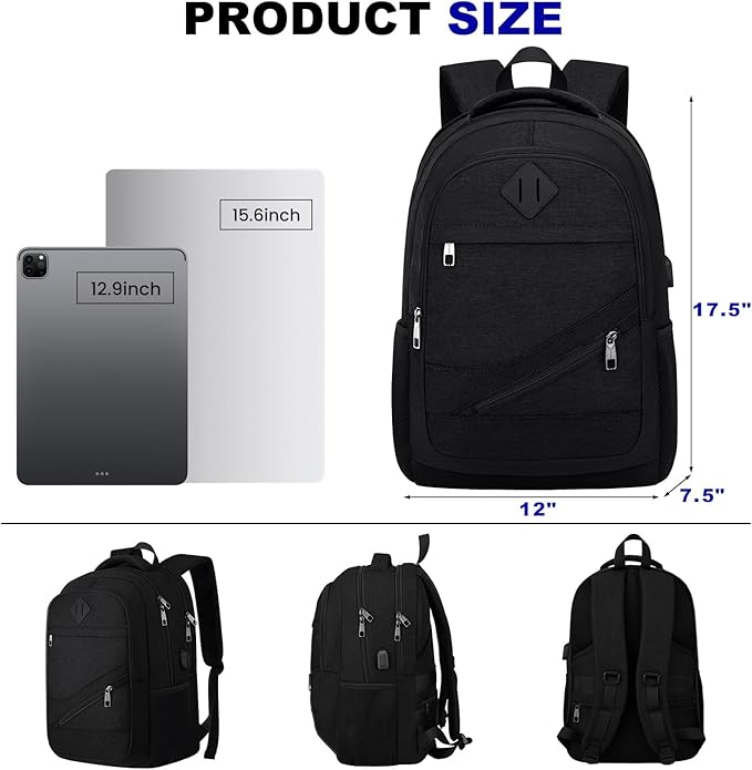 School Laptop Backpack for Women Men: 15.6 Inch College High School Backpacks with USB Charging Port Waterproof Travel Back Pack with Anti-theft Pockets Casual Work Daypack for Boys Students (Black)