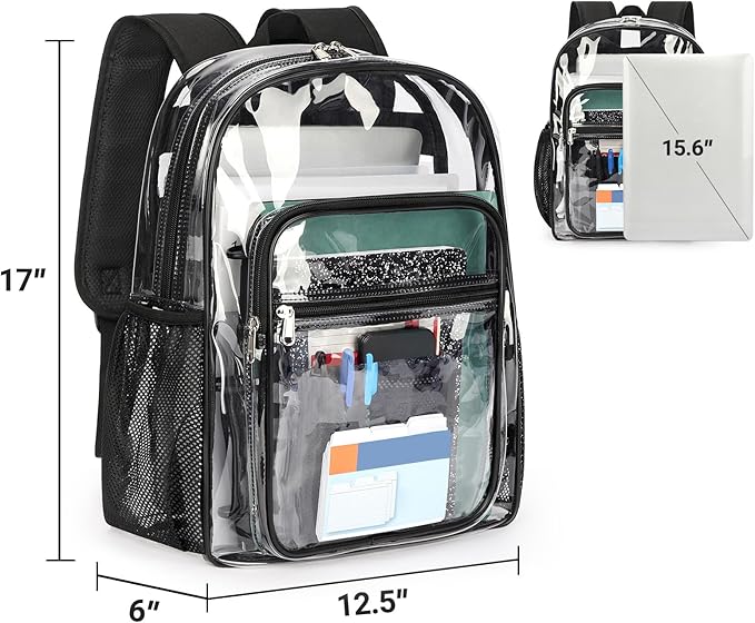 ZORFIN Clear Backpack Heavy Duty for School – 17in Transparent PVC Bag with Large Capacity & Reinforced Straps for Men, Women, Boys & Girls - See Through Bookbag for College Workplace Security, Black