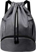 Drawstring Backpack Gym Bag with Shoes Compartment for Soccer, Basketball, Swim, Water-Resistant String Backpack Beach Cinch for Women Men, Dark Grey