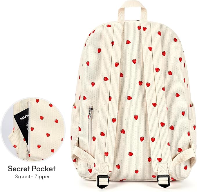 mibasies School Backpack for Girls with Laptop Sleeve: 18IN Large Capacity Corduroy Bookbag for Primary Middle School/College, Travel Daypack for Teens Women - Beige Strawberry