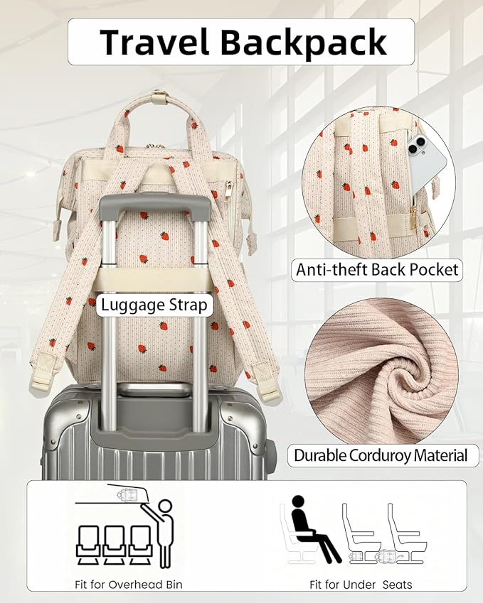 Laptop Backpacks for Women, Corduroy High School College Bookbag 15.6 Inch Laptop Bags for Girls Travel Daypack - Strawberry Beige