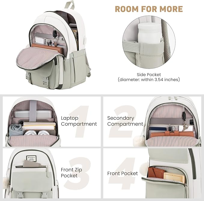 School Backpack for Teen Girls, Cute College Backpacks for Women Students Aesthetic Bookbag Large 15.6 Inch Laptop Bag Middle School Travel Back Pack (Beige-Green-Dark Olive Green)