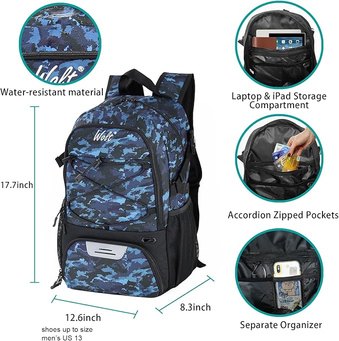 WOLT Basketball Backpack Large Sports Bag with Separate Ball Holder & Shoes Compartment, Best for Basketball, Soccer,Gym