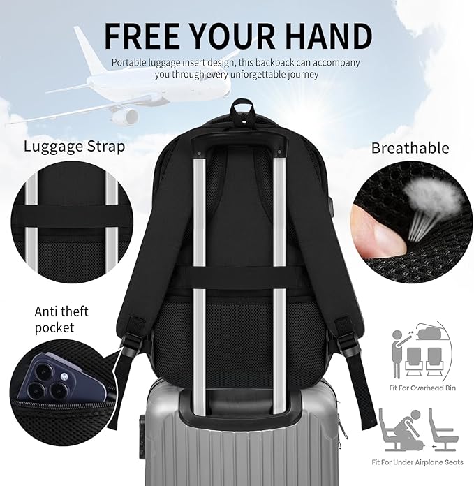 School Backpack for Boys Teens, Black Backpack for Men Women, 15.6 Inch Laptop Backpacks with USB Port, Water Resistent book bag, Work College Student Bookbag, back pack