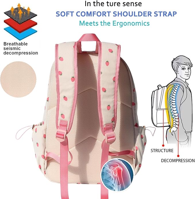 ESVAN Corduroy Backpack Lightweight Fashion 17 inch Laptop Bag for Women Casual College (Corduroy Pink strawberry)