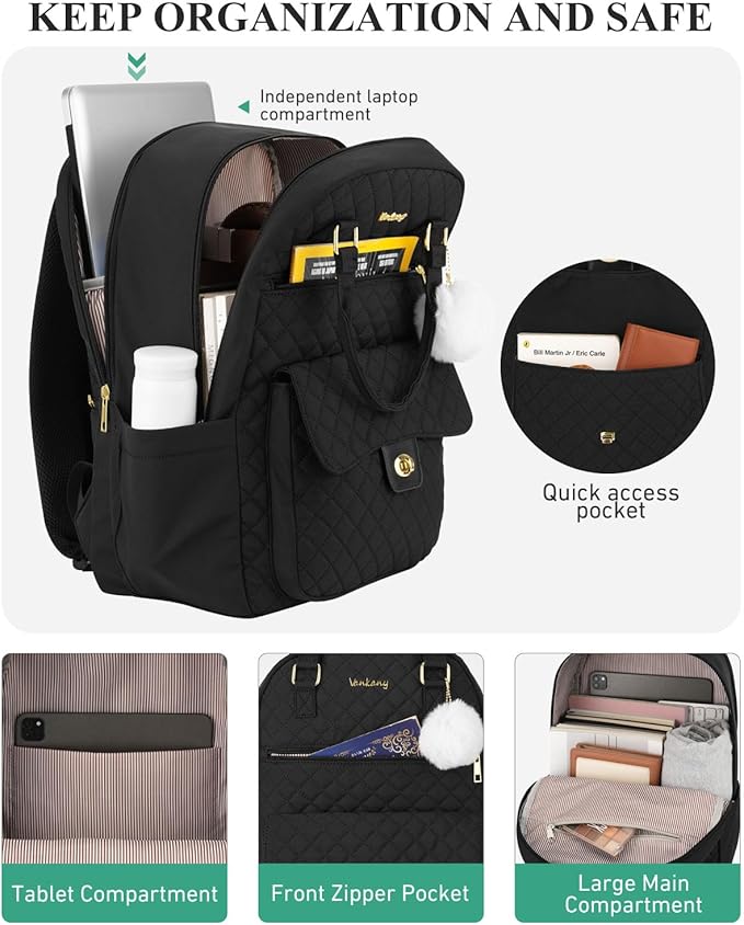 Girls Backpack for School, 17.3in Laptop Backpack Purse with Charging Hole for Travel Work, Cute Book Bag Computer Daypack for Women, Black