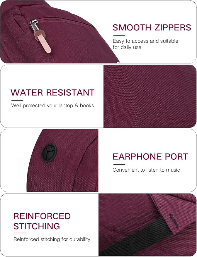 RAVUO School Backpack for Women | Classic College Bookbag for 15.6 inch Laptop, Water Resistant Daypack for Highschool Travel, Burgundy