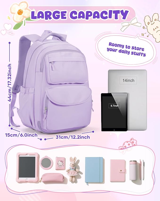 Backpack for Girls,Kids School Backpack Girls Cute Kindergarten Elementary Preschool Middle School Bags Kids Teens Aesthetic Bookbag Kawaii Backpacks Student Daypack Purple