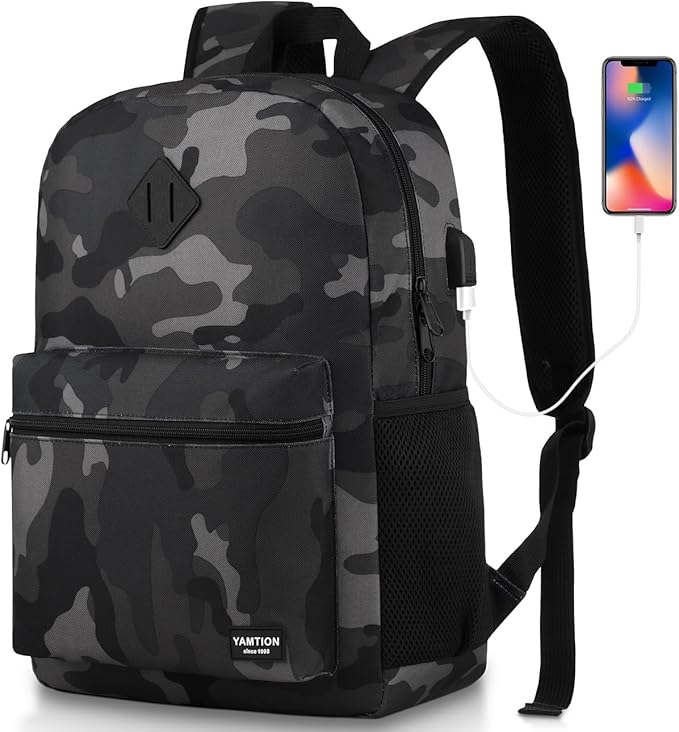YAMTION 17 Inch School Backpack,Classic Bookbag Men and Teen Boy Schoolbag with USB Charging Port for High School College Office Work Travel