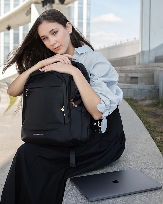 LIGHT FLIGHT Travel Backpack for Women, 15.6 Inch Laptop Backpack with USB Charging Hole, Water Resistant College Bookbag, Large Capacity Black Computer Backpacks for Work, Black
