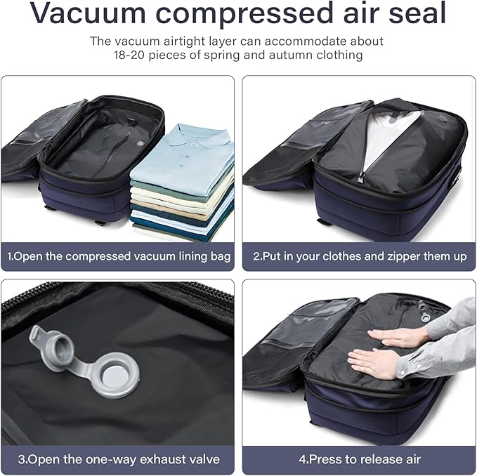 Travel Backpack with Vacuum System,60L Expandable Vacuum Backpack Travel with TSA Lock,17.3 inch Laptop Backpacks Vacpack Backpacks with Vacuum(Blue,No Air Pump)