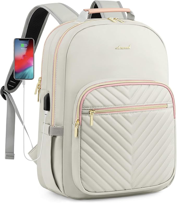 LOVEVOOK Laptop Backpack Purse for Women, Work Travel Computer Bags, College School Backpack for Student Girl, Quilted Casual Daypack with USB Port, Fit 15.6 Inch Laptop, Grey Pink