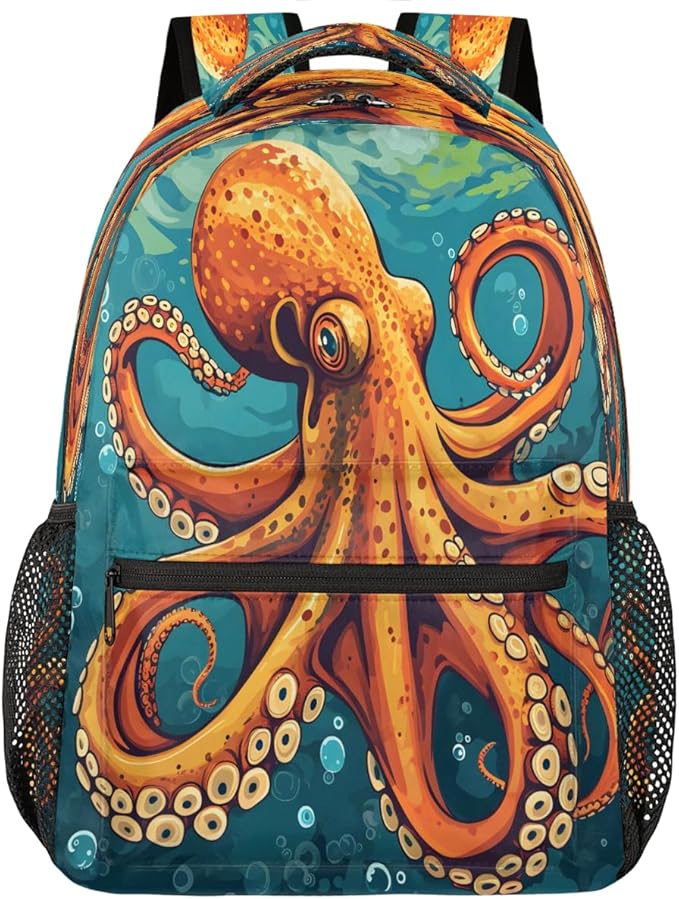 Pardick Retro Octopus Backpack for Kids Girls Boys Lightweight School College Students 18in Bookbag Large Capacity Computer Backpacks Laptop Rucksack Travel Gym Hiking Camping Daypack