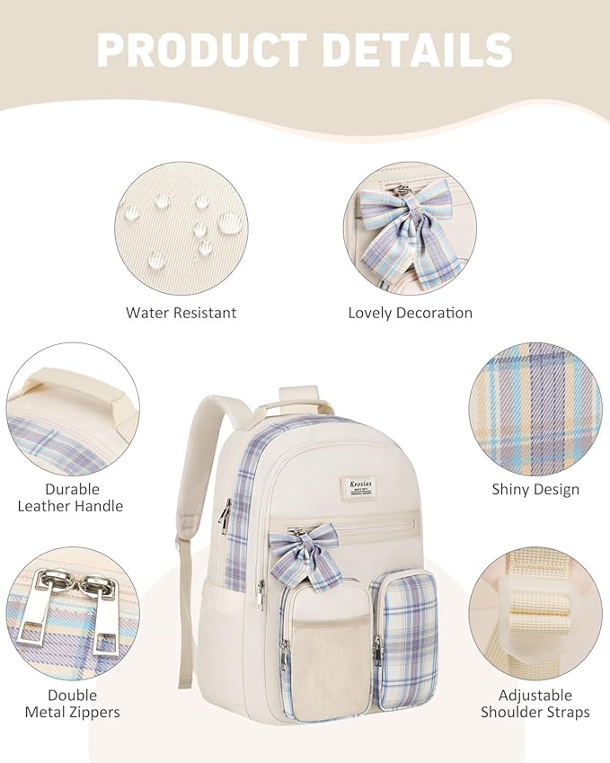 School Backpack for Girls, Cute Kawaii Plaid Kids Bookbag Large 15.6 Inch Laptop Bag for Middle High School College Backpacks for Women Students Teenager, Beige