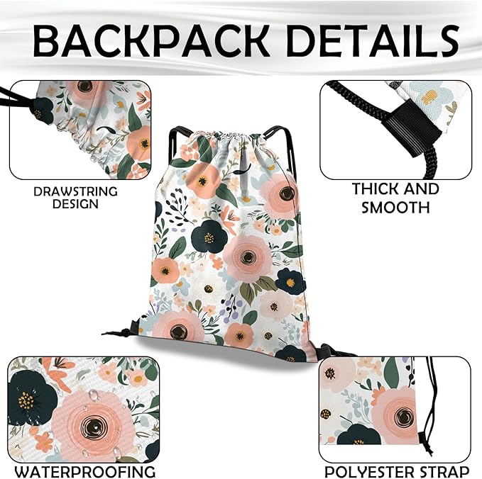 Drawstring Backpack Draw String Bag Waterproof for Sports Gym Beach Travel Cute Aesthetic Sackpack Men Women (13"×17")-Floral