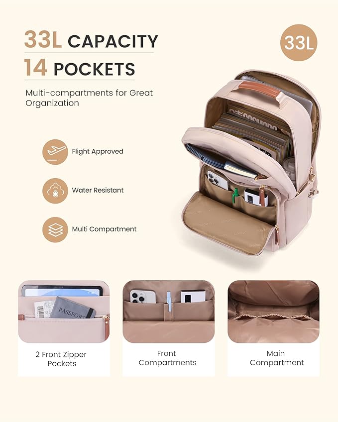 LOVEVOOK Laptop Backpack for Women with Leather Trim & Tumbler Pockets, 17.3" Work Backpack Purse, Travel Personal Item Bag, Carry On Business Computer Bag for Office, School, or Gift, Soft Taupe