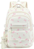 Girls Backpack for College High Middle School Student, Cute Aesthetic Bookbag for Teens Women with Accessories, Beige Bow