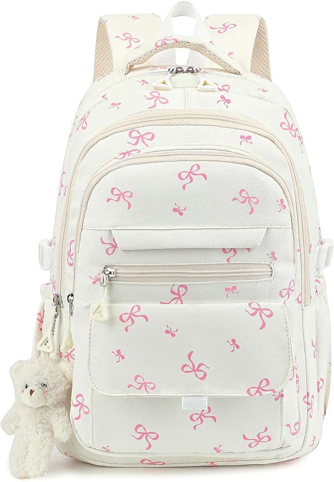 Girls Backpack for College High Middle School Student, Cute Aesthetic Bookbag for Teens Women with Accessories, Beige Bow