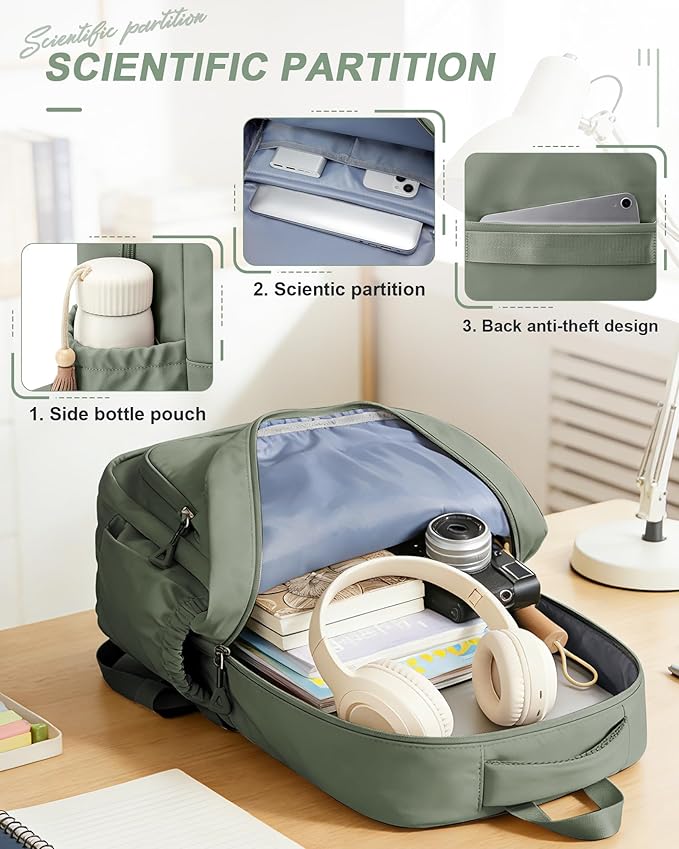 Student School Backpack for Teen Girls Middle High School Bookbag Casual Daypack, 15.6 Inch Laptop Backpack for College, Green