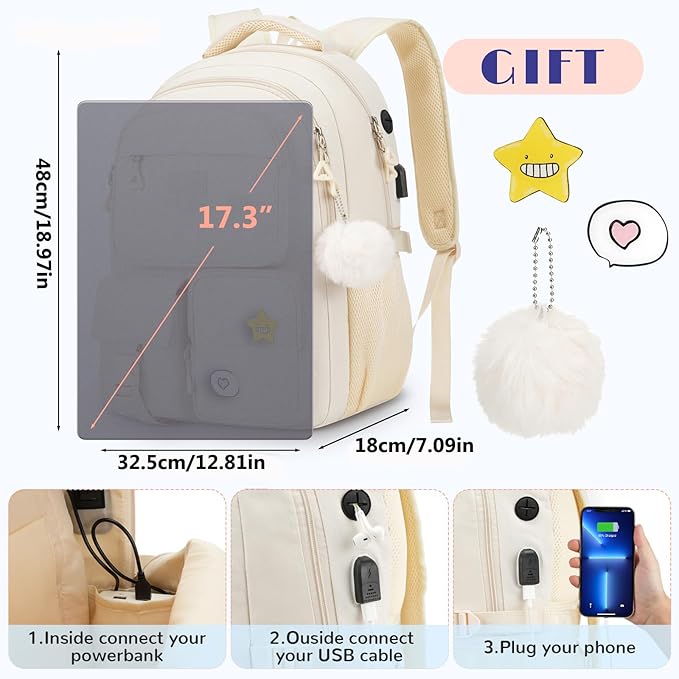 Cute Middle High School Bags 17.3 Inch Bookbag for Teen Girls,Laptop Backpack for Women,Back Pack Knapsack for College Student(Beige)