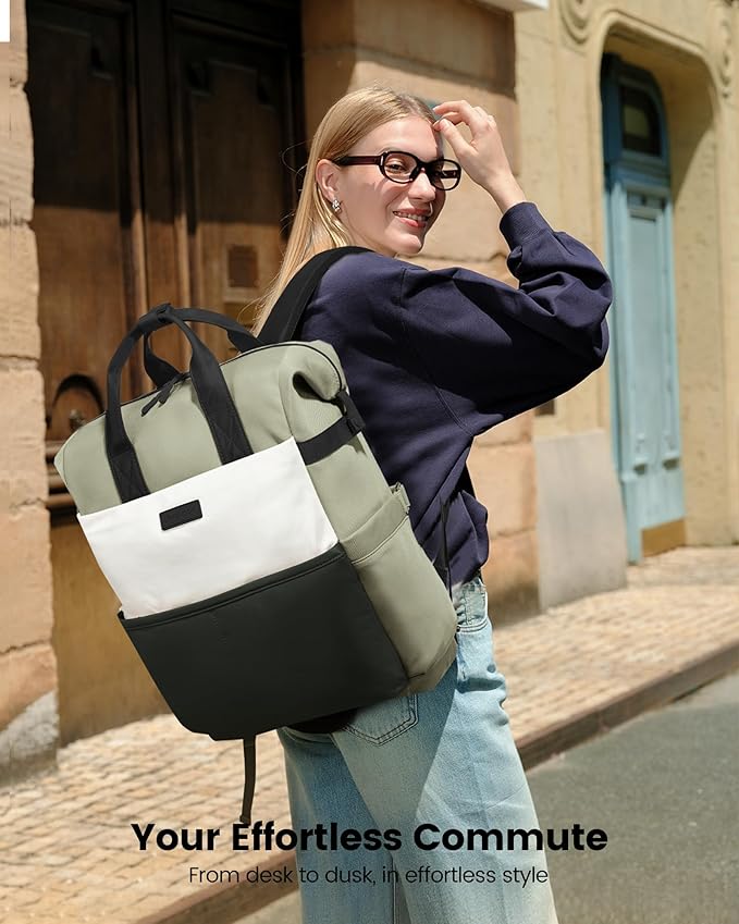 LOVEVOOK Laptop Backpack for Women, 17.3 Inch Work Travel Backpack Purse for School College Bookbag for Teen Girls Cute Computer Bag for Teacher Nurse Business, Green-Beige