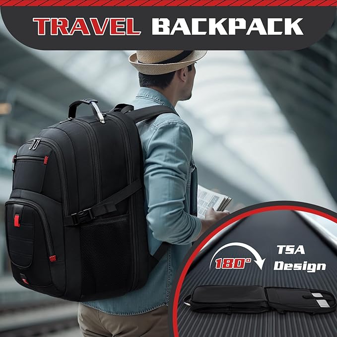 50L Travel Backpack, 17 inch Quality Laptop Backpack for Men, Durability Extra Large Storage space Sturdy TSA Friendly with Port College School Rucksack Bag Gifts for Him Men Women, Black